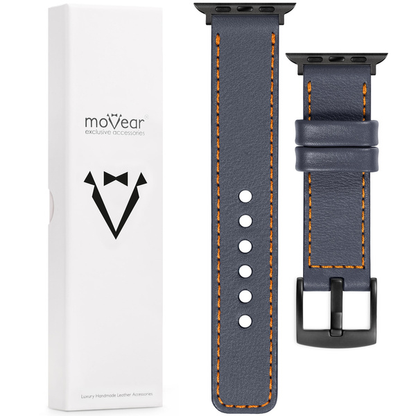 moVear Prestige C1 Skórzany pasek 22mm do Apple Watch 10 / 9 / 8 / 7 / 6 / 5 / 4 / SE (42/41/40mm) | Szary stalowy, pomarańczowe przeszycie [rozmiary XS-XXL i klamra do wyboru]