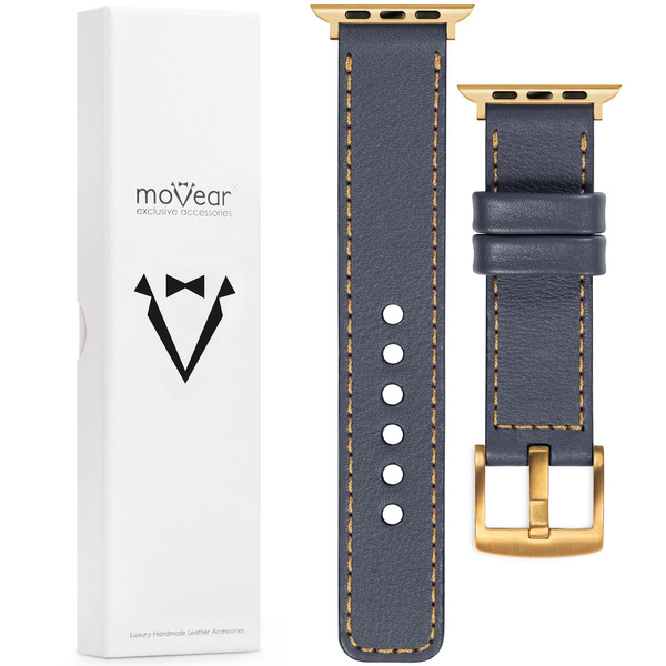 moVear Prestige C1 Skórzany pasek 22mm do Apple Watch 10 / 9 / 8 / 7 / 6 / 5 / 4 / SE (42/41/40mm) | Szary stalowy, złote przeszycie [rozmiary XS-XXL i klamra do wyboru]