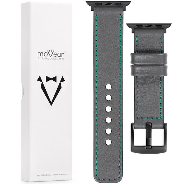 moVear Prestige C1 Skórzany pasek 22mm do Apple Watch 10 / 9 / 8 / 7 / 6 / 5 / 4 / SE (42/41/40mm) | Szary, turkusowe przeszycie [rozmiary XS-XXL i klamra do wyboru]