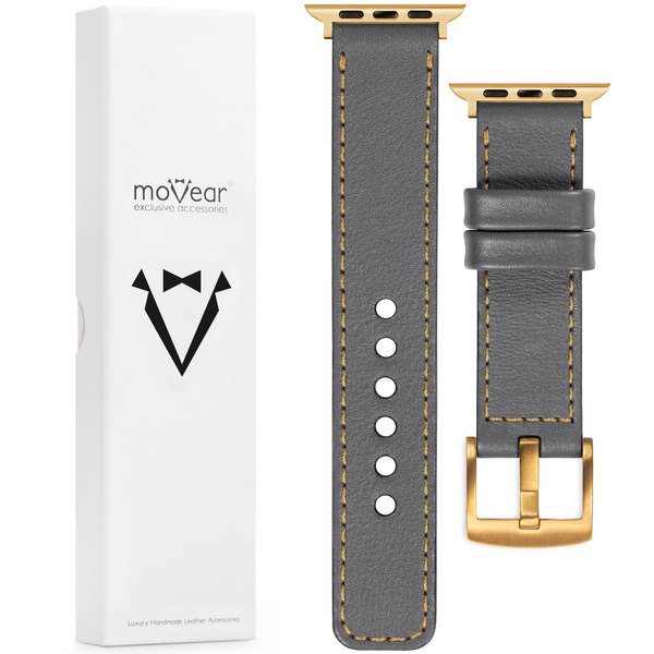 moVear Prestige C1 Skórzany pasek 22mm do Apple Watch 10 / 9 / 8 / 7 / 6 / 5 / 4 / SE (42/41/40mm) | Szary, złote przeszycie [rozmiary XS-XXL i klamra do wyboru]