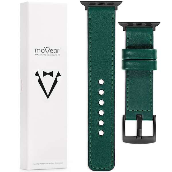 moVear Prestige C1 Skórzany pasek 22mm do Apple Watch 10 / 9 / 8 / 7 / 6 / 5 / 4 / SE (42/41/40mm) | Zielony butelkowy, ciemnozielone przeszycie [rozmiary XS-XXL i klamra do wyboru]