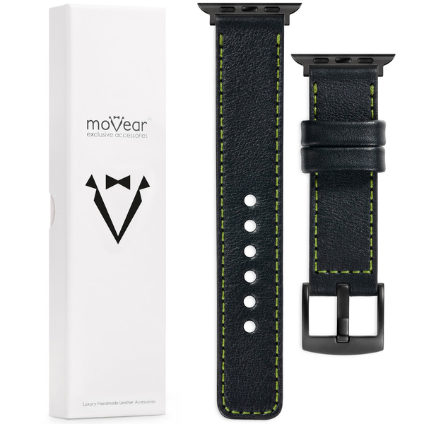 moVear Prestige C1 Skórzany pasek 22mm do Apple Watch 10 / 9 / 8 / 7 / 6 / 5 / 4 / SE (46/45/44mm) & Ultra (49mm) | Czarny, limonkowe przeszycie [rozmiary XS-XXL i klamra do wyboru]