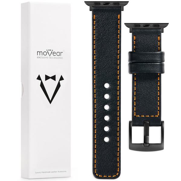 moVear Prestige C1 Skórzany pasek 22mm do Apple Watch 10 / 9 / 8 / 7 / 6 / 5 / 4 / SE (46/45/44mm) & Ultra (49mm) | Czarny, pomarańczowe przeszycie [rozmiary XS-XXL i klamra do wyboru]