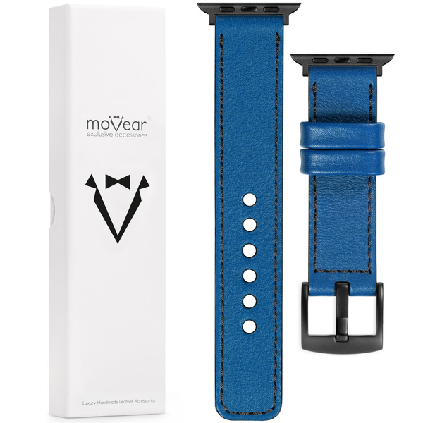 moVear Prestige C1 Skórzany pasek 22mm do Apple Watch 10 / 9 / 8 / 7 / 6 / 5 / 4 / SE (46/45/44mm) & Ultra (49mm) | Niebieski, czarne przeszycie [rozmiary XS-XXL i klamra do wyboru]