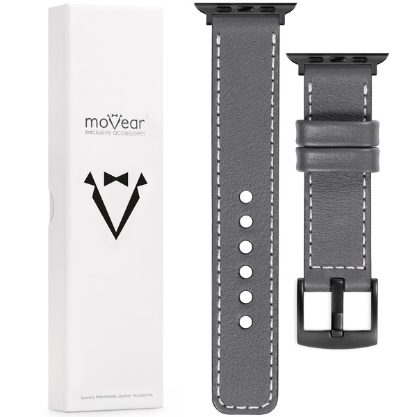 moVear Prestige C1 Skórzany pasek 22mm do Apple Watch 10 / 9 / 8 / 7 / 6 / 5 / 4 / SE (46/45/44mm) & Ultra (49mm) | Szary, białe przeszycie [rozmiary XS-XXL i klamra do wyboru]