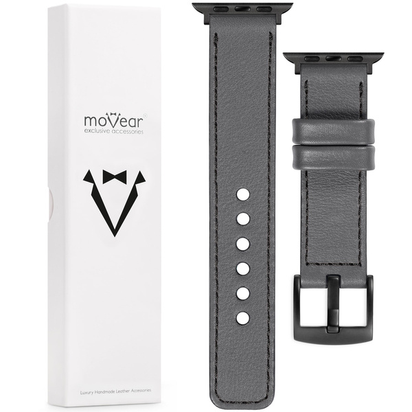 moVear Prestige C1 Skórzany pasek 22mm do Apple Watch 10 / 9 / 8 / 7 / 6 / 5 / 4 / SE (46/45/44mm) & Ultra (49mm) | Szary, czarne przeszycie [rozmiary XS-XXL i klamra do wyboru]