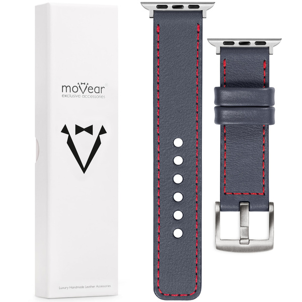 moVear Prestige C1 Skórzany pasek 22mm do Apple Watch 10 / 9 / 8 / 7 / 6 / 5 / 4 / SE (46/45/44mm) & Ultra (49mm) | Szary stalowy, czerwone przeszycie [rozmiary XS-XXL i klamra do wyboru]