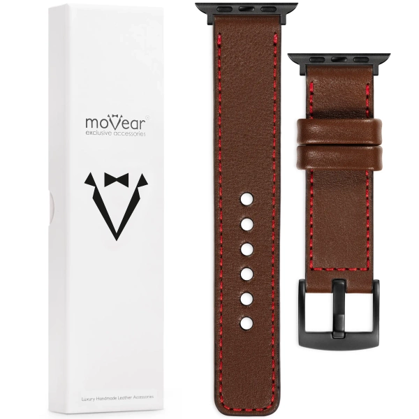 moVear Prestige C1 Skórzany pasek 22mm do Apple Watch 8 / 7 / 6 / 5 / 4 / SE (41/40mm) | Ciemnobrązowy, czerwone przeszycie [rozmiar i klamra do wyboru]
