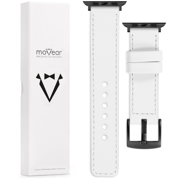 moVear Prestige C1 Skórzany pasek 22mm do Apple Watch 9 / 8 / 7 / 6 / 5 / 4 / SE (45/44mm) & Ultra (49mm) | Biały, białe przeszycie [rozmiary XS-XXL i klamra do wyboru]
