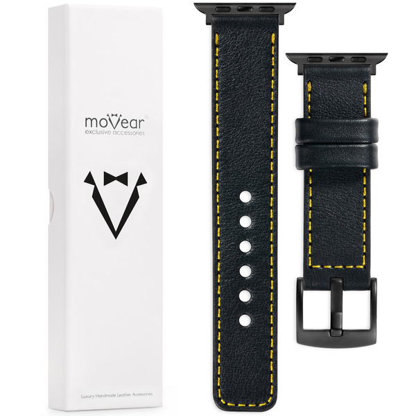 moVear Prestige C1 Skórzany pasek 22mm do Apple Watch 9 / 8 / 7 / 6 / 5 / 4 / SE (45/44mm) & Ultra (49mm) | Czarny, żółte przeszycie [rozmiary XS-XXL i klamra do wyboru]