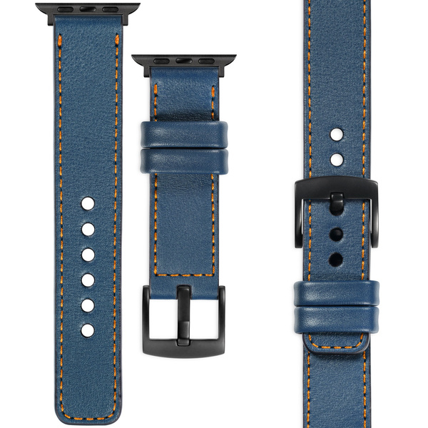 moVear Prestige C1 Skórzany pasek 22mm do Apple Watch 9 / 8 / 7 / 6 / 5 / 4 / SE (45/44mm) & Ultra (49mm) | Niebieski jeans, pomarańczowe przeszycie [rozmiary XS-XXL i klamra do wyboru]
