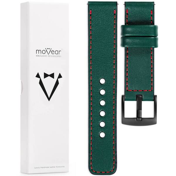 moVear Prestige C1 Skórzany pasek 22mm do Huawei Watch 4 3 2 1 - GT / Pro / Ultimate (48/46mm) | Zielony butelkowy, czerwone przeszycie [rozmiary XS-XXL i klamra do wyboru]
