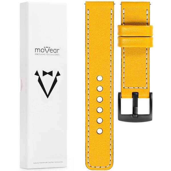 moVear Prestige C1 Skórzany pasek 22mm do Huawei Watch 4 3 2 1 - GT / Pro / Ultimate (48/46mm) | Żółty, białe przeszycie [rozmiary XS-XXL i klamra do wyboru]