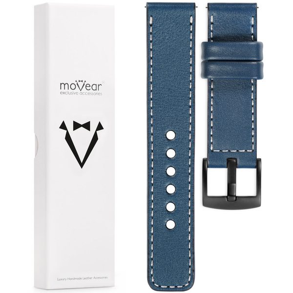 moVear Prestige C1 Skórzany pasek 22mm do Samsung Galaxy Watch 3 (45mm) / Watch (46mm) / Gear S3 | Niebieski jeans, białe przeszycie [rozmiary XS-XXL i klamra do wyboru]