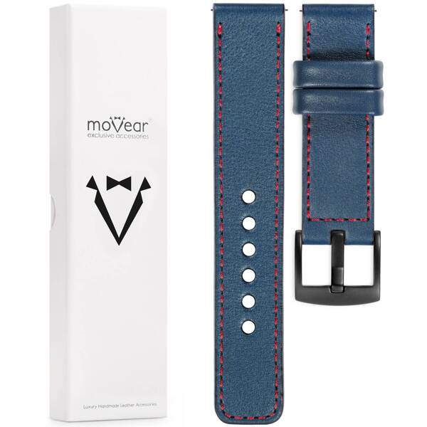 moVear Prestige C1 Skórzany pasek 22mm do Samsung Galaxy Watch 3 (45mm) / Watch (46mm) / Gear S3 | Niebieski jeans, czerwone przeszycie [rozmiary XS-XXL i klamra do wyboru]