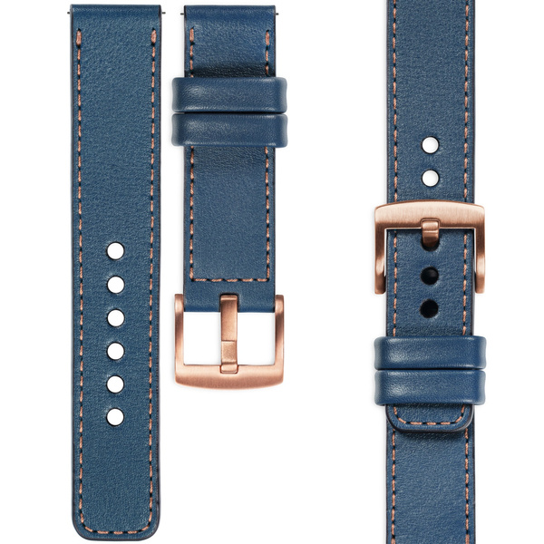 moVear Prestige C1 Skórzany pasek 22mm do Samsung Galaxy Watch 3 (45mm) / Watch (46mm) / Gear S3 | Niebieski jeans, różowe złoto przeszycie [rozmiary XS-XXL i klamra do wyboru]