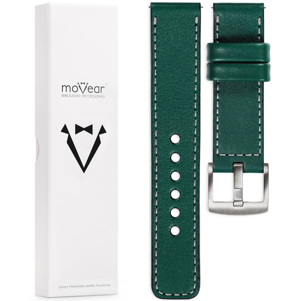 moVear Prestige C1 Skórzany pasek 22mm do Samsung Galaxy Watch 3 (45mm) / Watch (46mm) / Gear S3 | Zielony butelkowy, srebrne przeszycie [rozmiary XS-XXL i klamra do wyboru]