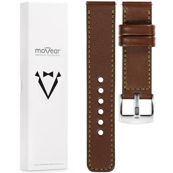 moVear Prestige C1 Skórzany pasek 22mm do zegarka | Ciemnobrązowy, limonkowe przeszycie [rozmiary XS-XXL i klamra do wyboru]