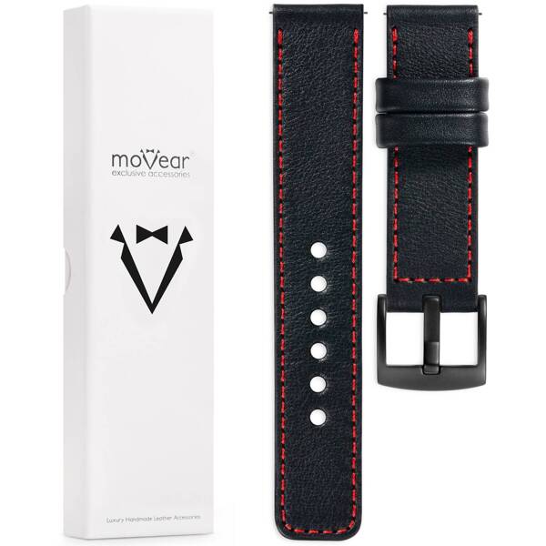 moVear Prestige C1 Skórzany pasek 22mm do zegarka | Czarny, czerwone przeszycie [rozmiary XS-XXL i klamra do wyboru]