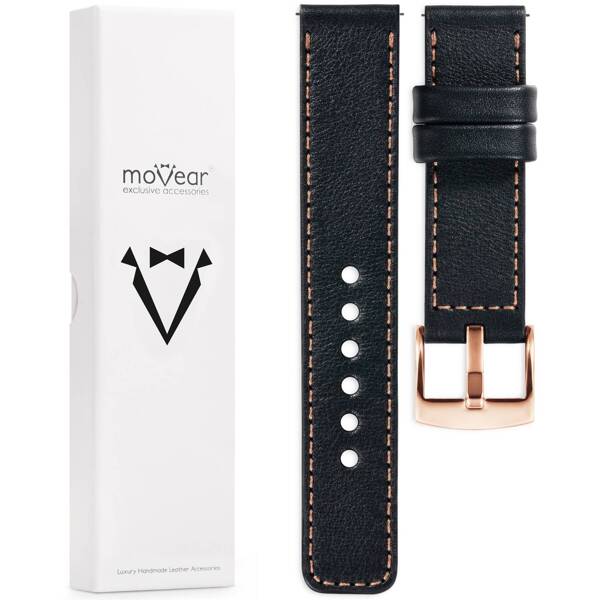 moVear Prestige C1 Skórzany pasek 22mm do zegarka | Czarny, różowe złoto przeszycie [rozmiary XS-XXL i klamra do wyboru]