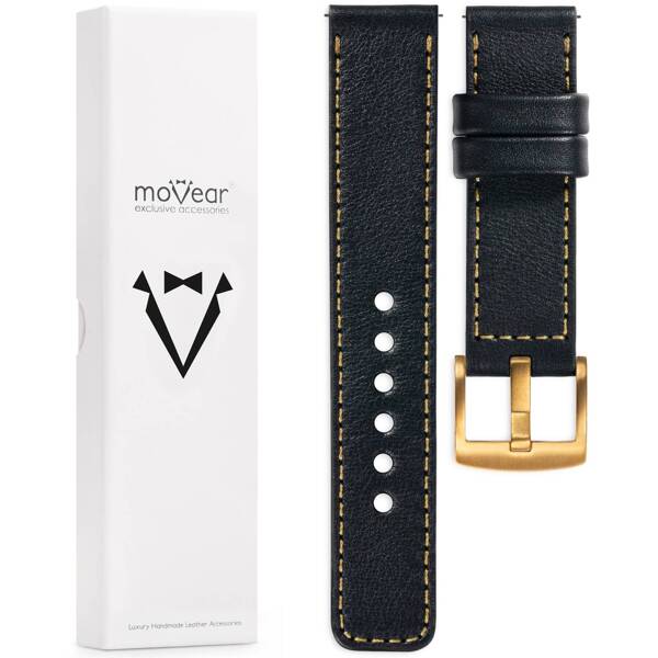 moVear Prestige C1 Skórzany pasek 22mm do zegarka | Czarny, złote przeszycie [rozmiary XS-XXL i klamra do wyboru]