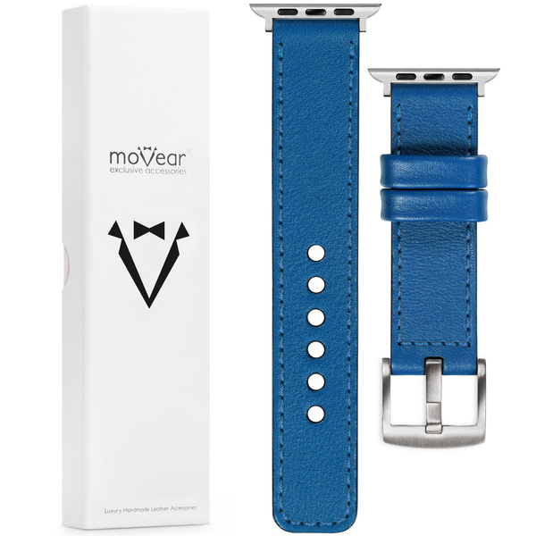 moVear Prestige C1 Skórzany pasek 24mm do Apple Watch 10 / 9 / 8 / 7 / 6 / 5 / 4 / SE (46/45/44mm) & Ultra (49mm) | Niebieski, niebieskie przeszycie [rozmiary XS-XXL i klamra do wyboru]