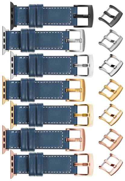 moVear Prestige C1 Skórzany pasek 24mm do Apple Watch 9 / 8 / 7 / 6 / 5 / 4 / SE (45/44mm) & Ultra (49mm) | Niebieski jeans, białe przeszycie [rozmiary XS-XXL i klamra do wyboru]