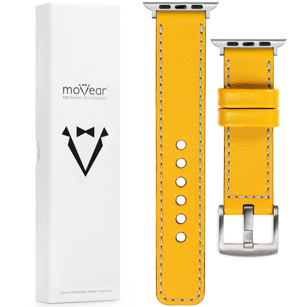 moVear Prestige C1 Skórzany pasek 24mm do Apple Watch 9 / 8 / 7 / 6 / 5 / 4 / SE (45/44mm) & Ultra (49mm) | Żółty, srebrne przeszycie [rozmiary XS-XXL i klamra do wyboru]