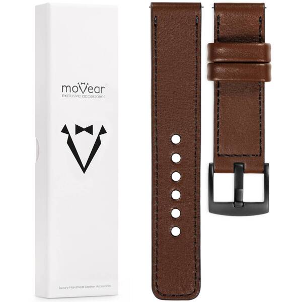 moVear Prestige C1 Skórzany pasek 24mm do zegarka | Ciemnobrązowy, czarne przeszycie [rozmiary XS-XXL i klamra do wyboru]