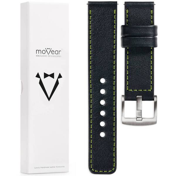 moVear Prestige C1 Skórzany pasek 24mm do zegarka | Czarny, limonkowe przeszycie [rozmiary XS-XXL i klamra do wyboru]