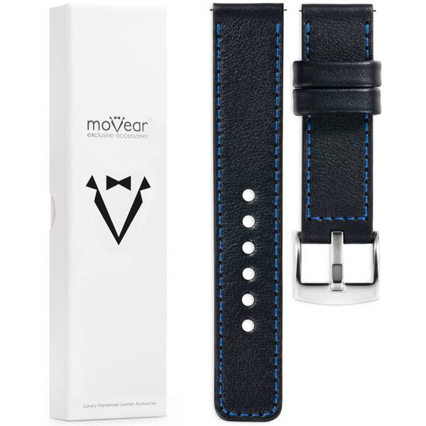 moVear Prestige C1 Skórzany pasek 24mm do zegarka | Czarny, niebieskie przeszycie [rozmiary XS-XXL i klamra do wyboru]