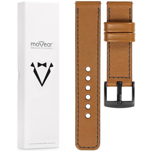 moVear Prestige C1 Skórzany pasek 24mm do zegarka | Jasnobrązowy, grafitowe przeszycie [rozmiary XS-XXL i klamra do wyboru]