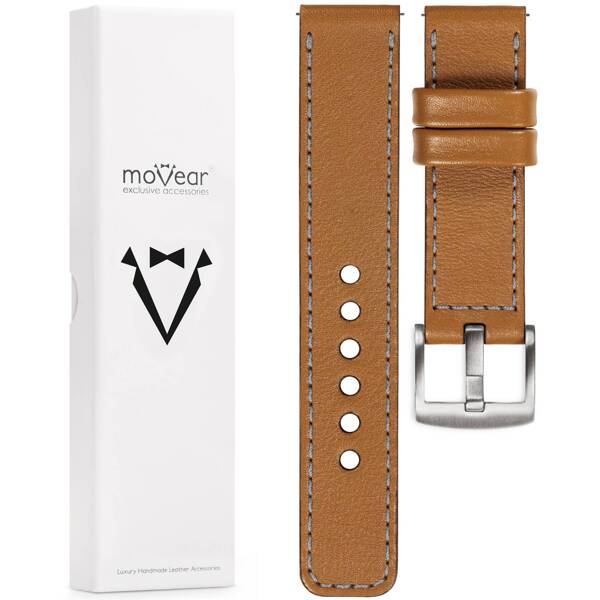 moVear Prestige C1 Skórzany pasek 24mm do zegarka | Jasnobrązowy, szare przeszycie [rozmiary XS-XXL i klamra do wyboru]