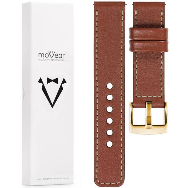 moVear Prestige C1 Skórzany pasek 26mm do zegarka | Brązowy, kremowe przeszycie [rozmiary XS-XXL i klamra do wyboru]