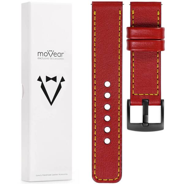 moVear Prestige C1 Skórzany pasek 26mm do zegarka | Czerwony szkarłatny, żółte przeszycie [rozmiary XS-XXL i klamra do wyboru]