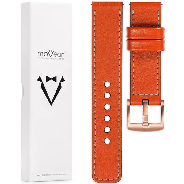 moVear Prestige C1 Skórzany pasek 26mm do zegarka | Pomarańczowy, różowe złoto przeszycie [rozmiary XS-XXL i klamra do wyboru]