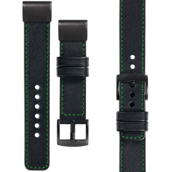 moVear Prestige C1 Skórzany pasek do Garmin QuickFit 22mm (Fenix / Forerunner / Epix / Instinct / Enduro / Quatix / MARQ - 47/45mm) | Czarny, zielone przeszycie [rozmiary XS-XXL i klamra do wyboru]