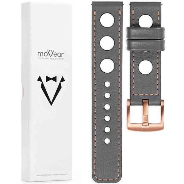 moVear Prestige R1 Skórzany pasek 20mm do Samsung Galaxy Watch 7 / 6 / 5 / 4 / 3 & Pro / FE / Classic / Active | Szary, różowe złoto przeszycie [rozmiary XS-XXL i klamra do wyboru]