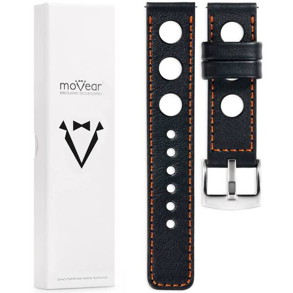 moVear Prestige R1 Skórzany pasek 20mm do zegarka | Czarny, ciemnopomarańczowe przeszycie [rozmiary XS-XXL i klamra do wyboru]