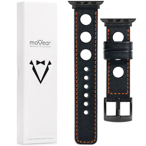 moVear Prestige R1 Skórzany pasek 22mm do Apple Watch 10 / 9 / 8 / 7 / 6 / 5 / 4 / SE (42/41/40mm) | Czarny, ciemnopomarańczowe przeszycie [rozmiary XS-XXL i klamra do wyboru]