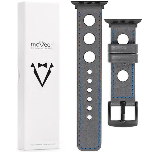 moVear Prestige R1 Skórzany pasek 22mm do Apple Watch 10 / 9 / 8 / 7 / 6 / 5 / 4 / SE (42/41/40mm) | Szary, niebieskie przeszycie [rozmiary XS-XXL i klamra do wyboru]