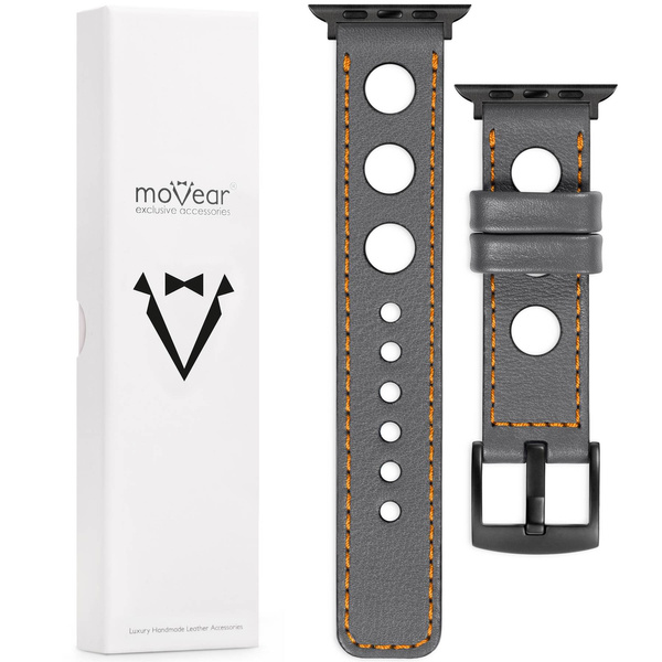 moVear Prestige R1 Skórzany pasek 22mm do Apple Watch 10 / 9 / 8 / 7 / 6 / 5 / 4 / SE (42/41/40mm) | Szary, pomarańczowe przeszycie [rozmiary XS-XXL i klamra do wyboru]