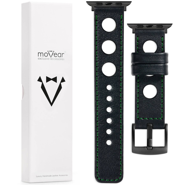 moVear Prestige R1 Skórzany pasek 22mm do Apple Watch 10 / 9 / 8 / 7 / 6 / 5 / 4 / SE (46/45/44mm) & Ultra (49mm) | Czarny, ciemnozielone przeszycie [rozmiary XS-XXL i klamra do wyboru]