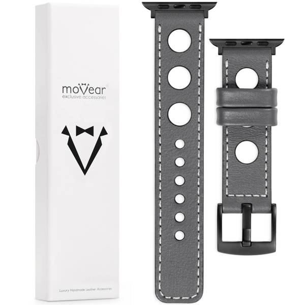 moVear Prestige R1 Skórzany pasek 22mm do Apple Watch 10 / 9 / 8 / 7 / 6 / 5 / 4 / SE (46/45/44mm) & Ultra (49mm) | Szary, białe przeszycie [rozmiary XS-XXL i klamra do wyboru]