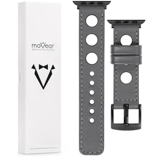 moVear Prestige R1 Skórzany pasek 22mm do Apple Watch 10 / 9 / 8 / 7 / 6 / 5 / 4 / SE (46/45/44mm) & Ultra (49mm) | Szary, szare przeszycie [rozmiary XS-XXL i klamra do wyboru]