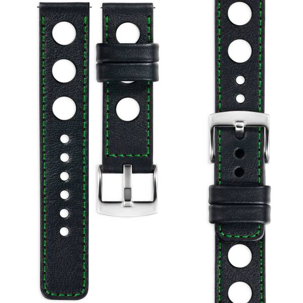 moVear Prestige R1 Skórzany pasek 24mm do zegarka | Czarny, zielone przeszycie [rozmiary XS-XXL i klamra do wyboru]