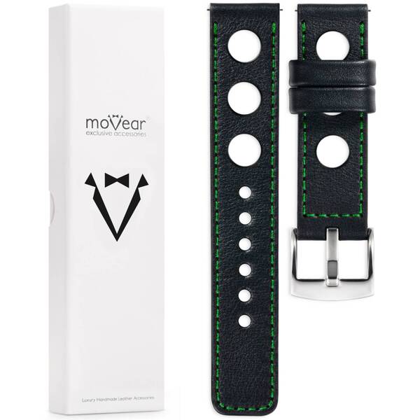 moVear Prestige R1 Skórzany pasek 24mm do zegarka | Czarny, zielone przeszycie [rozmiary XS-XXL i klamra do wyboru]