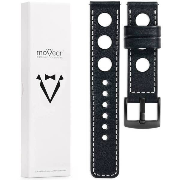 moVear Prestige R1 Skórzany pasek 26mm do zegarka | Czarny, białe przeszycie [rozmiary XS-XXL i klamra do wyboru]