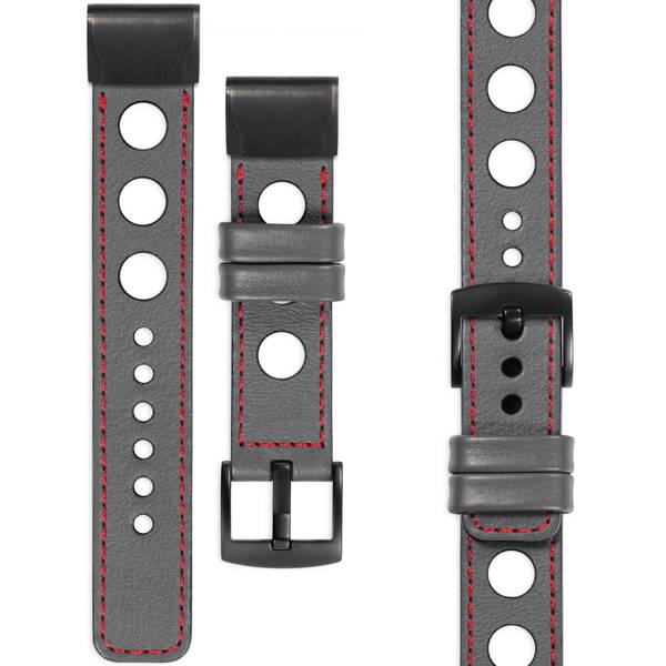 moVear Prestige R1 Skórzany pasek do Garmin QuickFit 22mm (Fenix / Forerunner / Epix / Instinct / Enduro / Quatix / MARQ - 47/45mm) | Szary, czerwone przeszycie [rozmiary XS-XXL i klamra do wyboru]