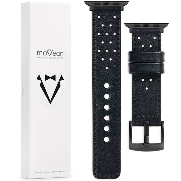 moVear Prestige R2 Skórzany pasek 22mm do Apple Watch 10 / 9 / 8 / 7 / 6 / 5 / 4 / SE (46/45/44mm) & Ultra (49mm) | Czarny, czarne przeszycie [rozmiary XS-XXL i klamra do wyboru]